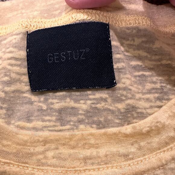 Gestuz Semi-Sheer Cotton Slub T-Shirt Yellow Relaxed Casual Textured Burnout, XL - Picture 2 of 9